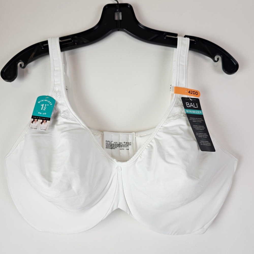 Bali Satin Tracings Minimizer Underwire Bra White 42DD DF3385 Lace Trim